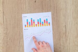 A hand points to colorful business charts and graphs on a paper sheet on a wooden desk.